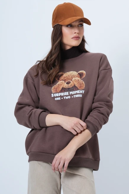 Ayıcık Baskılı Bisiklet Yaka Sweatshirt