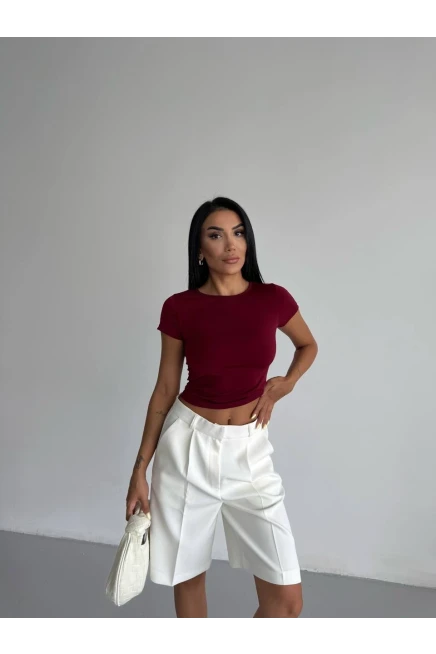 Basic Kısa Kol Sandy Bluz Bordo
