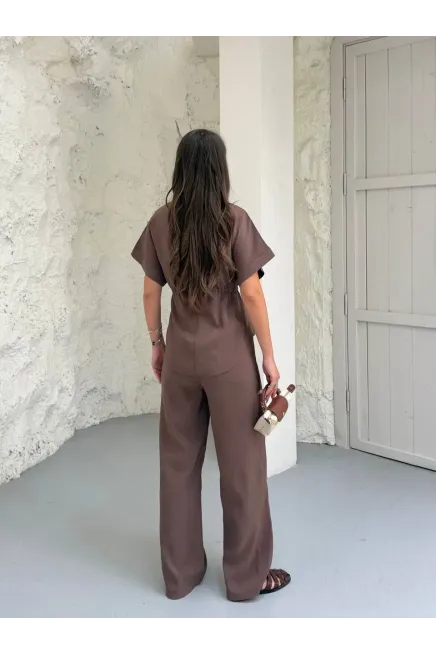 Bel Büzgü Detaylı Kısa Kol Üst ve Pantalon Takım Kahve