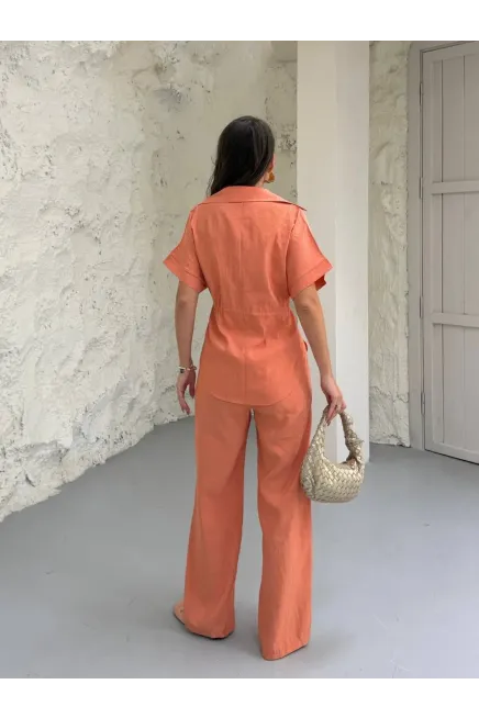 Bel Büzgü Detaylı Kısa Kol Üst ve Pantalon Takım Turuncu