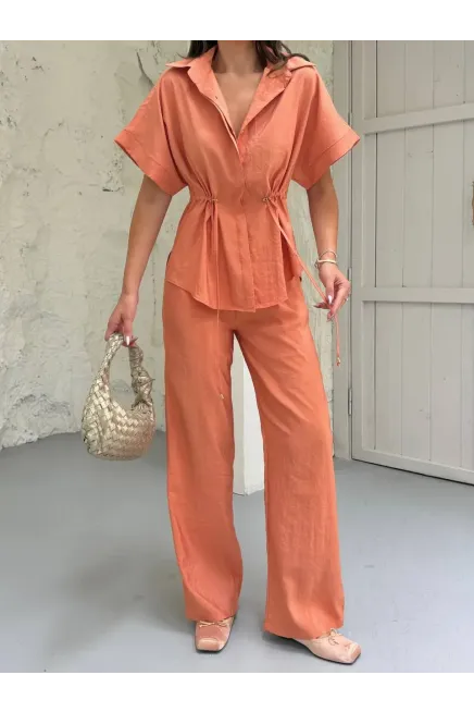 Bel Büzgü Detaylı Kısa Kol Üst ve Pantalon Takım Turuncu