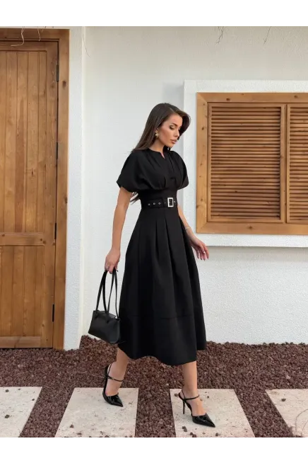 Bel Kemer Detaylı Kısa Kol Elbise