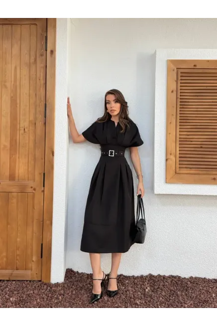 Bel Kemer Detaylı Kısa Kol Elbise
