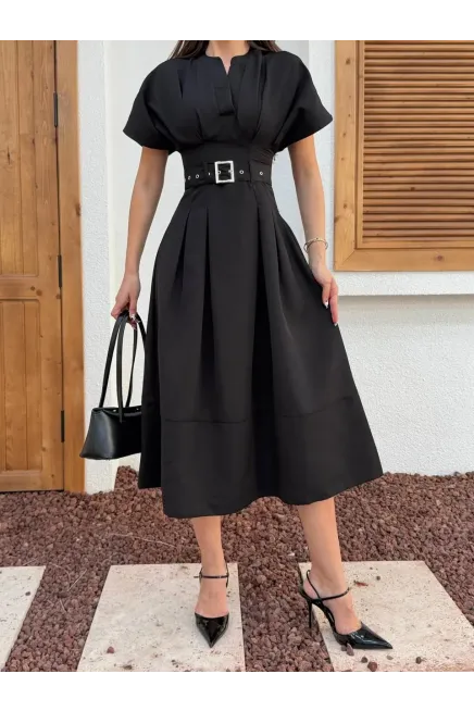 Bel Kemer Detaylı Kısa Kol Elbise
