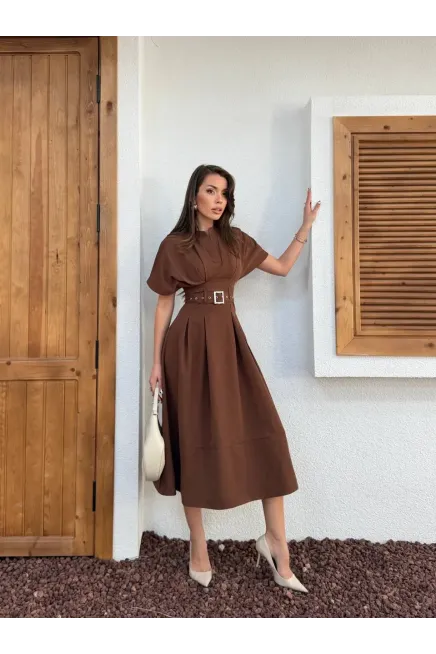 Bel Kemer Detaylı Kısa Kol Elbise Kahve