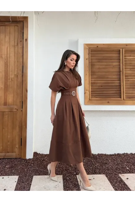 Bel Kemer Detaylı Kısa Kol Elbise Kahve
