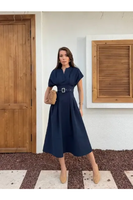 Bel Kemer Detaylı Kısa Kol Elbise Lacivert