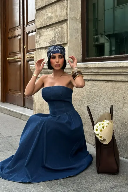 Beli Pileli Straplez Denim Elbise
