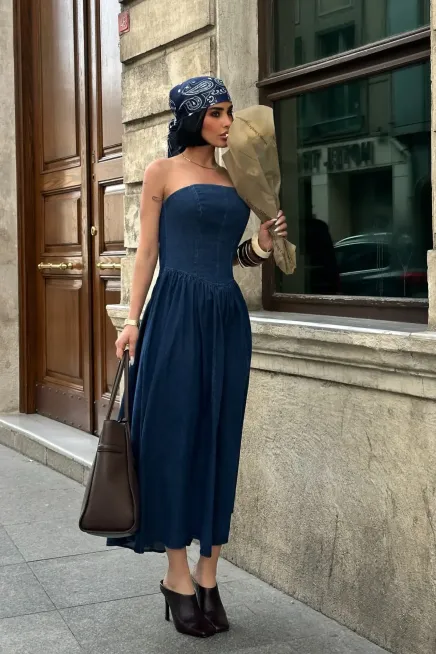 Beli Pileli Straplez Denim Elbise