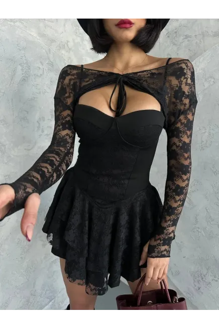 Bolero Detay İçi Şortlu Mini Elbise Siyah