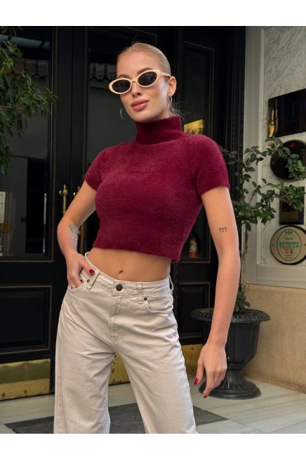 Bordo Sakallı Kumaş Crop Bluz