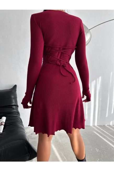 Bordo Sırt Detay Kaşkorse Elbise