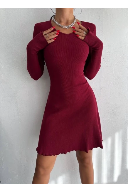 Bordo Sırt Detay Kaşkorse Elbise