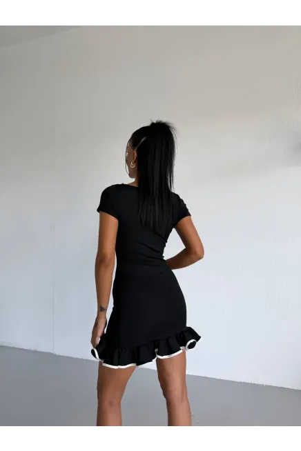 Dalgıç Kumaş Biyeli Kısa Kol Mini Elbise Siyah