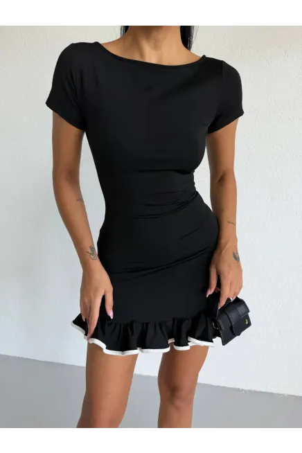 Dalgıç Kumaş Biyeli Kısa Kol Mini Elbise Siyah