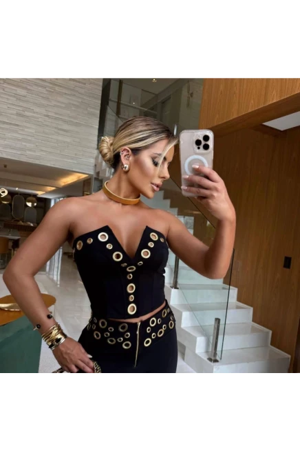 Dalgıç Kumaş Kuşgözü Detat Straplez Pantalon Takım