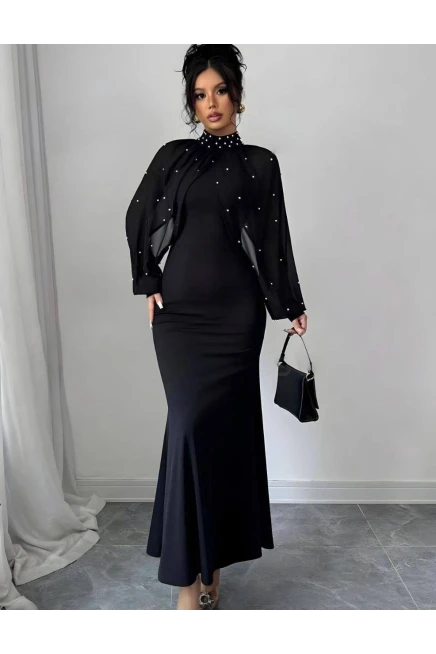 Dalgıç Kumaş Likralı İnci Çakımlı Bolerolu Elbise