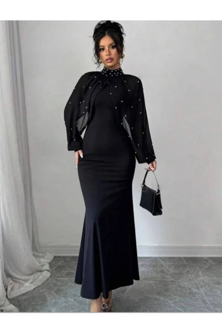 Dalgıç Kumaş Likralı İnci Çakımlı Bolerolu Elbise