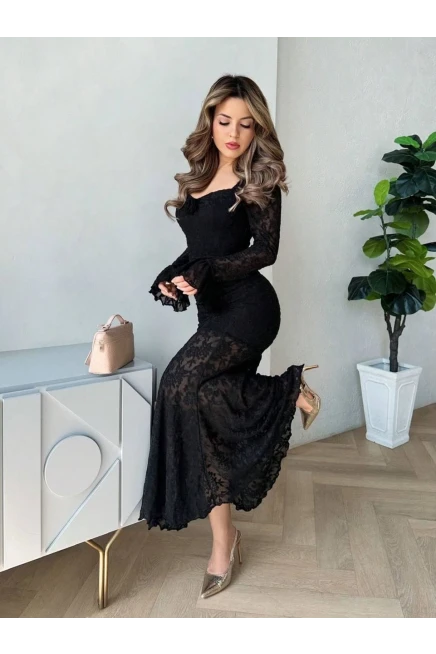 Dantel İç Astarlı Maxi Boy Elbise Siyah