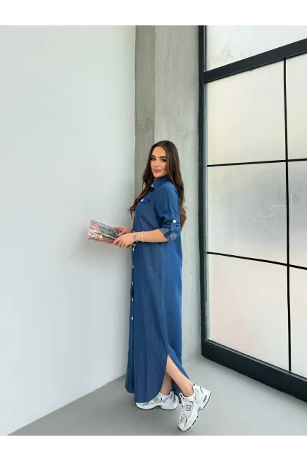 Denim Maxi Gömlek Elbise Mavi