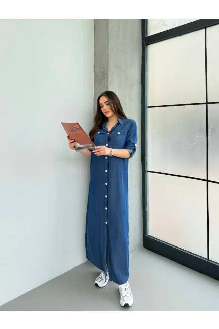 Denim Maxi Gömlek Elbise Mavi