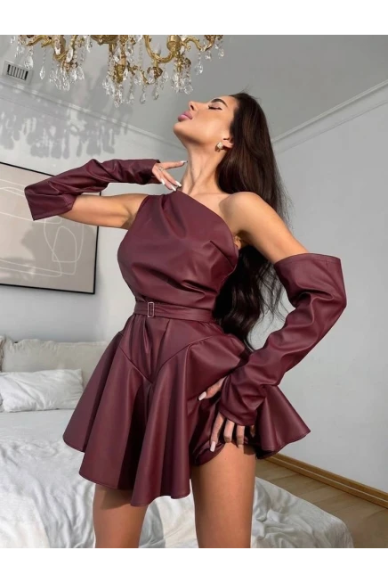 Deri Tokalı Gizli Fermuarlı Kol Detaylar Mini Şortlu Elbise