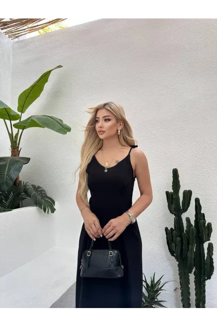 Drape Detay Omuz Bağlamalı Midiboy Keten Elbise Siyah