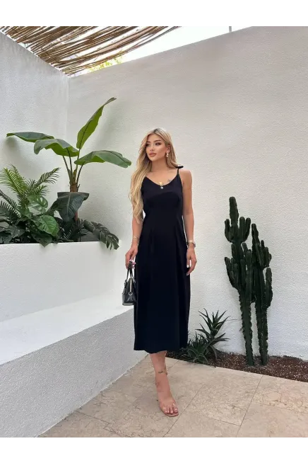 Drape Detay Omuz Bağlamalı Midiboy Keten Elbise Siyah
