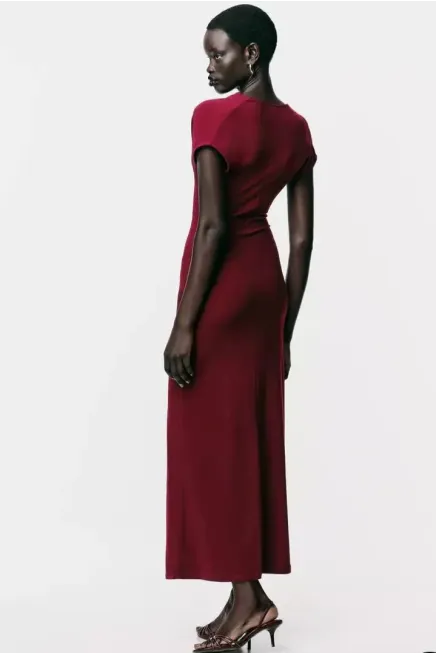 Drape Detaylı Akseuarlı Elbise Bordo