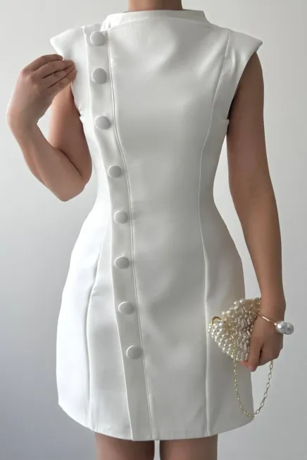 Düğme Detaylı Elbise Beyaz