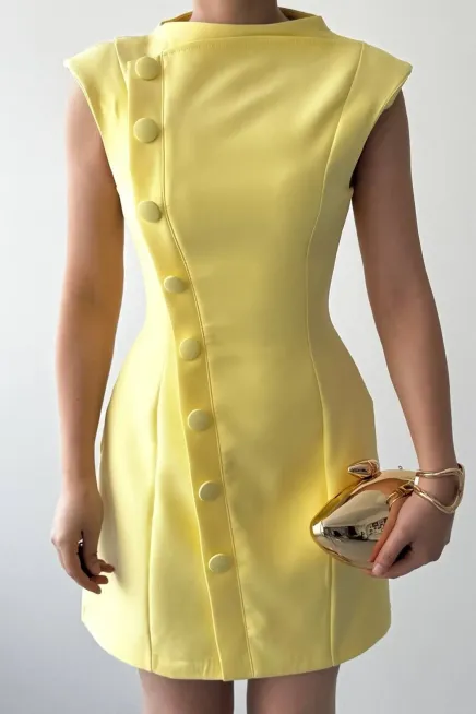 Düğme Detaylı Elbise Sarı