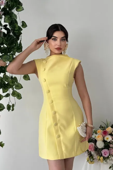 Düğme Detaylı Elbise Sarı