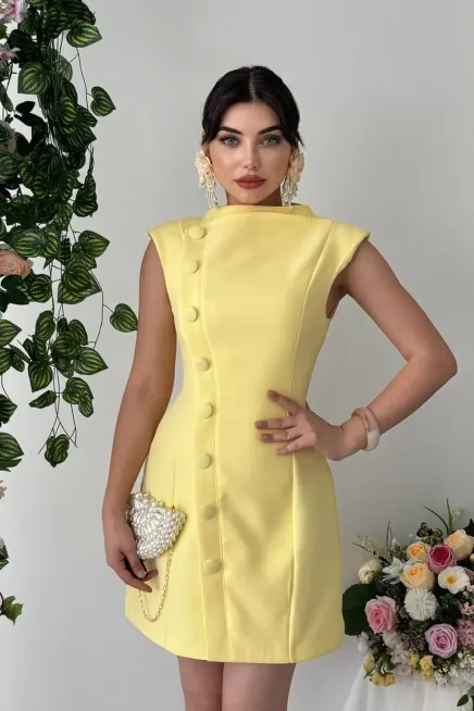 Düğme Detaylı Elbise Sarı