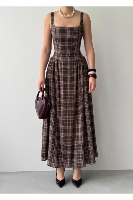 Ekose Desen Askılı Midiboy Elbise