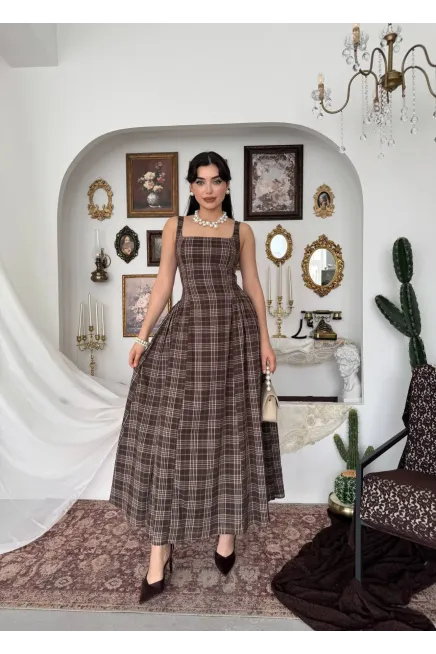 Ekose Desen Askılı Midiboy Elbise