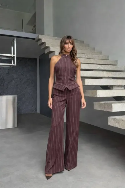 Fermuar Detay Çizgili Takım Kahve