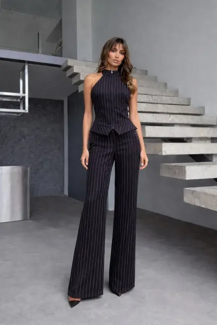 Fermuar Detay Çizgili Takım Siyah