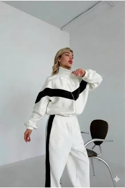 Fransız Kadife Kemik Fermuar Garnili Eşofman Takım Beyaz