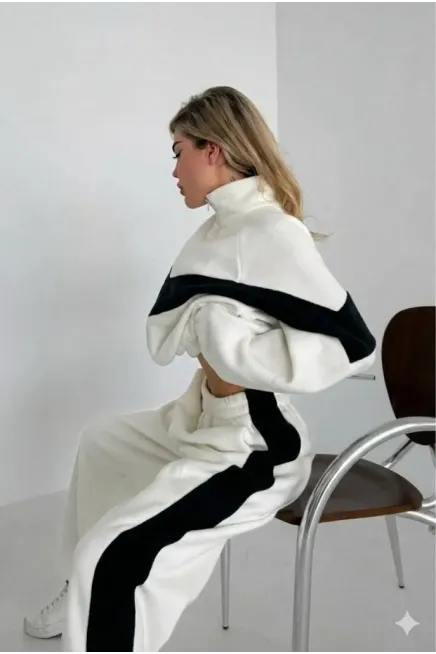 Fransız Kadife Kemik Fermuar Garnili Eşofman Takım Beyaz