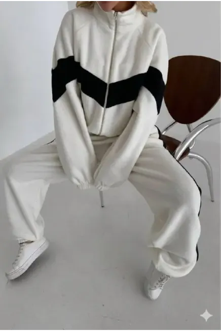 Fransız Kadife Kemik Fermuar Garnili Eşofman Takım Beyaz