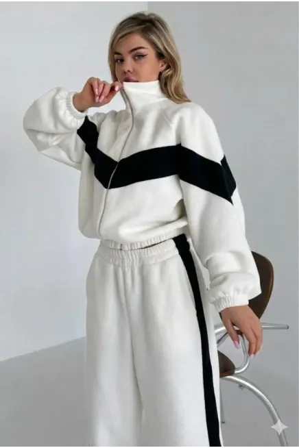 Fransız Kadife Kemik Fermuar Garnili Eşofman Takım Beyaz