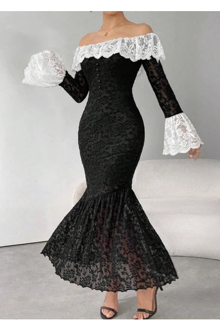 Full Astarlı Güpür Dantel Drapeli Elbise