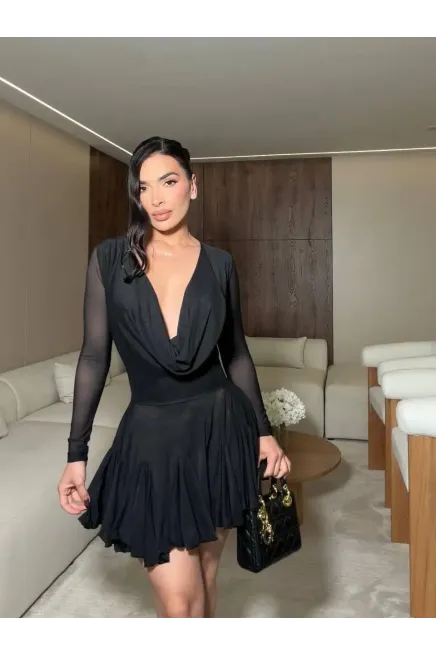 Full Likralı Cam Tül Kumaş Astarlı Mini Elbise