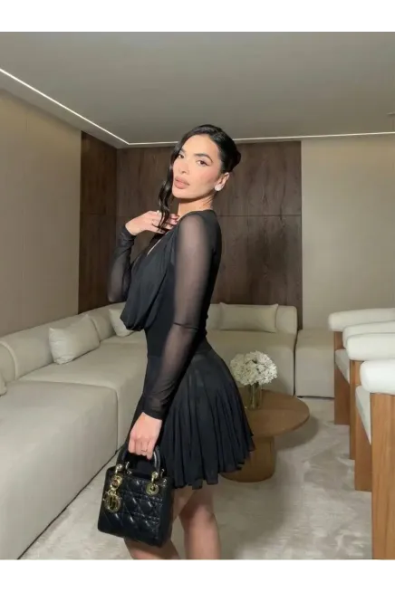 Full Likralı Cam Tül Kumaş Astarlı Mini Elbise