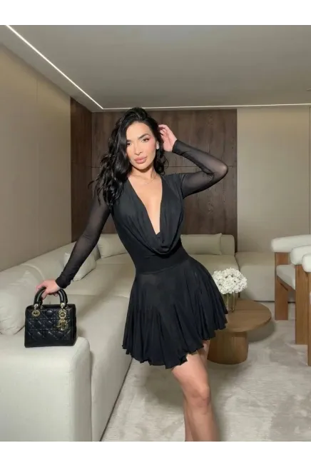 Full Likralı Cam Tül Kumaş Astarlı Mini Elbise