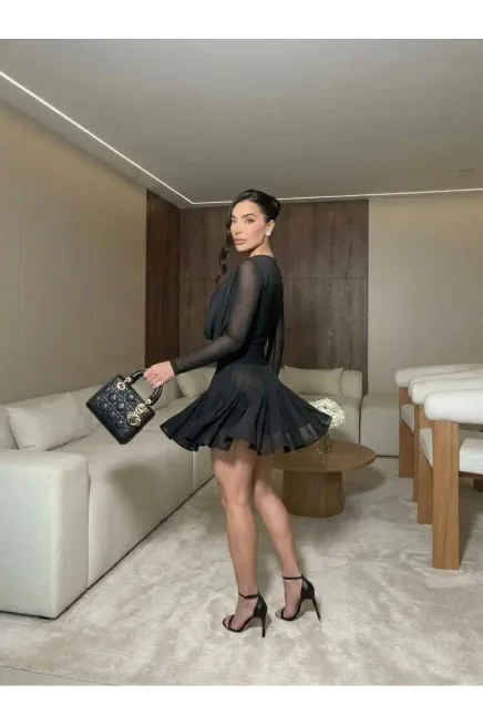 Full Likralı Cam Tül Kumaş Astarlı Mini Elbise