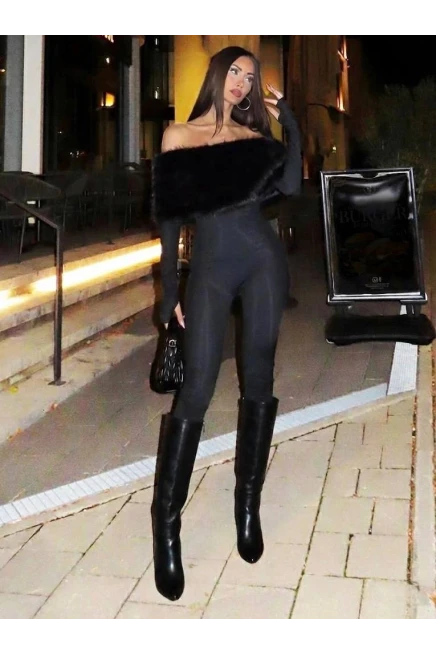 Full Likralı Modal Kumaş Kürk Detaylı Maxi Boy Tulum