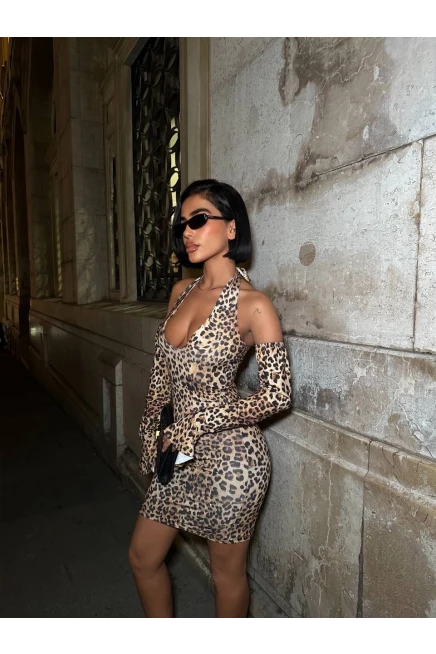 Full Taş Halter Yaka Mini Elbise