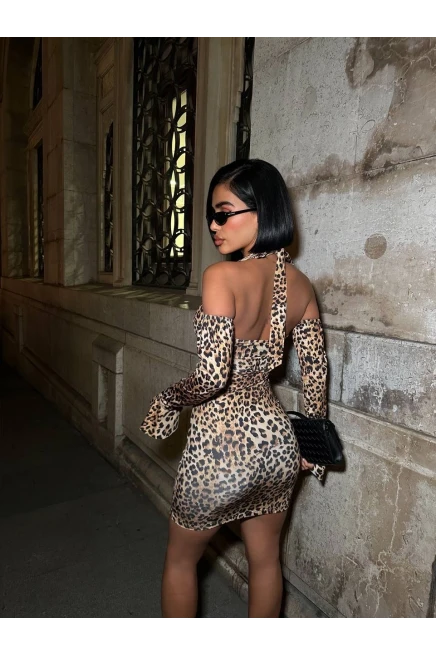 Full Taş Halter Yaka Mini Elbise