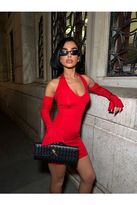 Full Taş Halter Yaka Mini Elbise